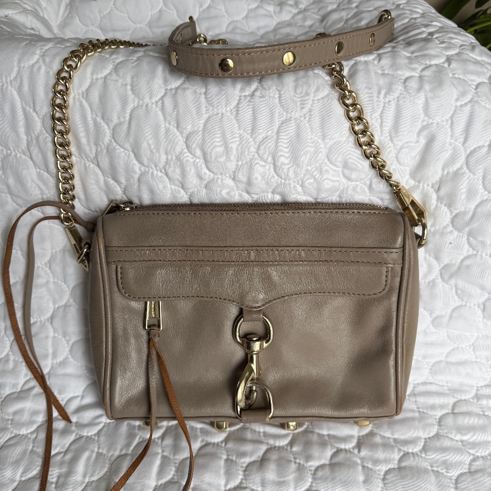 Rebecca Minkoff Mini MAC Crossbody Bag Taupe Leather Gold Hardware